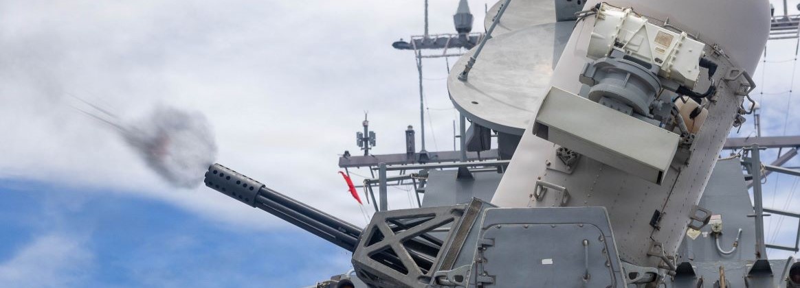 U.S. Navy close-in weapon system is fired during a live-fire weapons exercise aboard Arleigh Burke-class guided-missile destroyer USS Rafael Peralta (DDG 115) in the Indian Ocean, April 2, 2026.